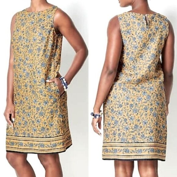 J. Jill Love Linen Shift Dress Women’s Medium Yellow Blue Floral Knee Length - Picture 1 of 10